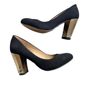 Ann Taylor Women Black Gold Tinsley Suede Jewel‎ Blocked 3.5” Heels Sz 6.5